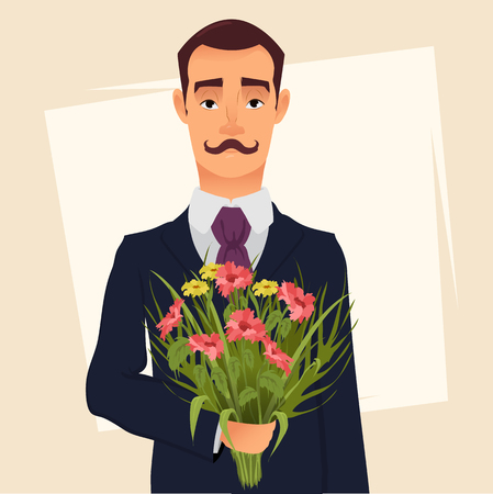 Handsome gentleman in suit with mustache holding bouquet of wildflowers, going on a date with his beloved. Vector illustration for Valentines day, 8 March, poster, print etc.のイラスト素材