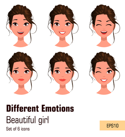 Woman with different face expressions. Young attractive girl with various emotions. Cute businesswoman. Set of six vector illustrations.のイラスト素材