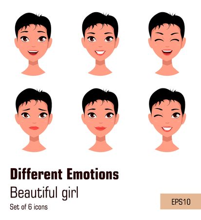 Woman with different face expressions. Young attractive girl with various emotions, short hair. Cute businesswoman. Set of six vector illustrations.のイラスト素材