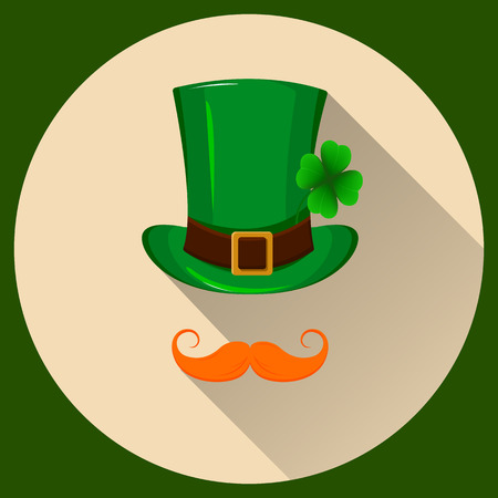 Patrick hat. Green hat with four leaf clover and red mustache.のイラスト素材