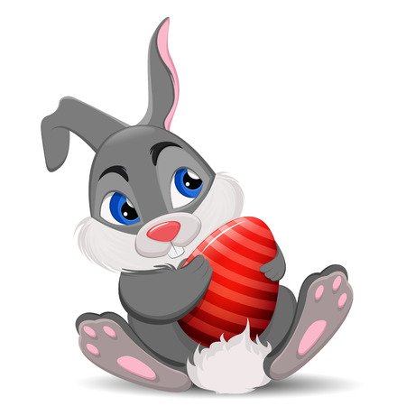 Grey Easter Rabbit sitting and holding egg on white backgroundのイラスト素材