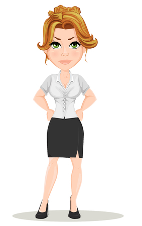Young cartoon businesswomen. Beautiful girl in working situation. Fashionable modern lady showing anger. Vector illustration. EPS10のイラスト素材