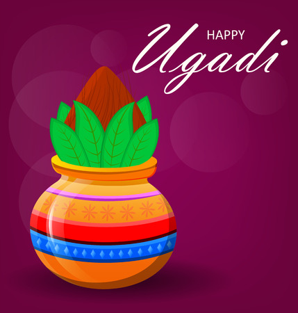 Happy Ugadi and Gudi Padwa Hindu New Year. Greeting card for holiday. Colored pot with coconut on beautiful purple background. Modern vector illustrationのイラスト素材