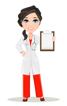Doctor woman with stethoscope. Cute cartoon smiling doctor character in medical gown holding blank clipboard. Vector illustration. EPS10のイラスト素材