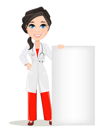 Doctor woman with stethoscope. Cute cartoon smiling doctor character in medical gown standing near big blank banner. Vector illustration. EPS10のイラスト素材