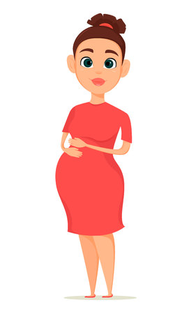 Cute pregnant woman in red dress. Pregnancy is the happiest time in life of every woman. Cartoon character. Vector illustration.のイラスト素材