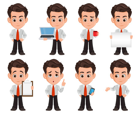 Business man cartoon character. Set of eight illustrations. Cute young businessman in office clothes. Vector illustrationのイラスト素材
