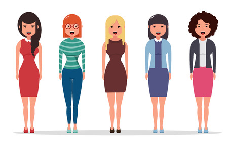 Set of diverse business characters, businesswomen dressed in different styles of clothes. Geometric people. Simple cartoon flat design. Vector illustration.のイラスト素材