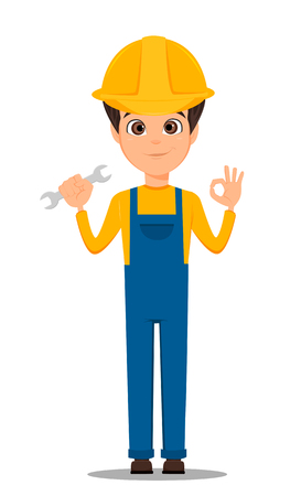 Constructor worker holding wrench and showing OK sign.のイラスト素材