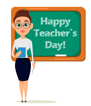 Happy Teacher's Day. Cute teacher with pointer and notebook stands.のイラスト素材