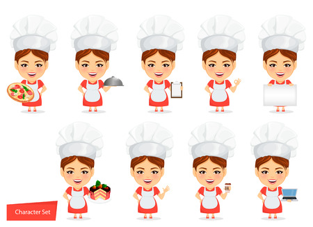 Cook woman, female master chef. Funny cartoon character with big head. Set of humorous vector illustrations.のイラスト素材