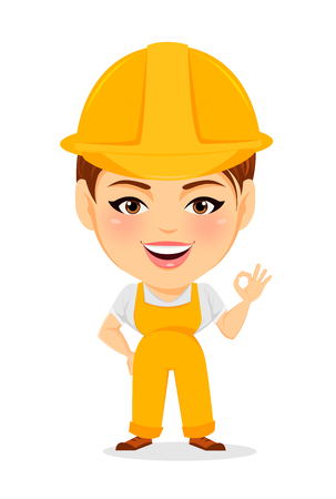 Builder woman. Funny female worker with big head showing OK gesture. Humorous cartoon character. Vector illustration.のイラスト素材