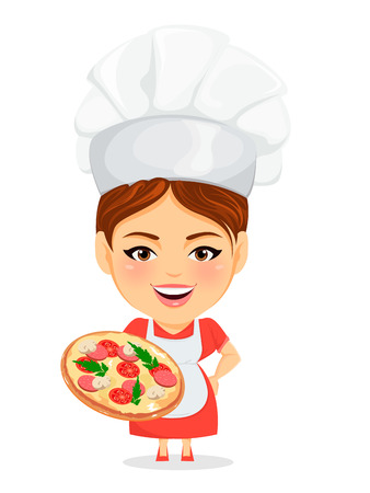 Cook woman, female master chef. Funny cartoon character with big head holding tasty pizza. Humorous vector illustration.のイラスト素材