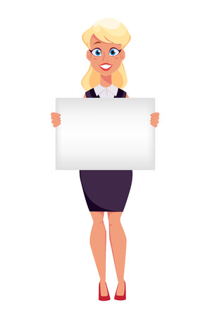 Young cartoon businesswoman holding blank sign, making presentation. Beautiful girl. Vector illustration. EPS10のイラスト素材