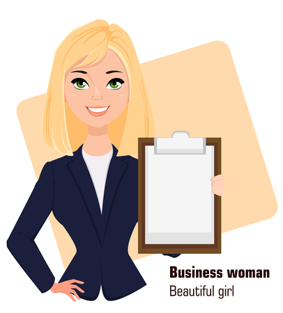 Young cartoon businesswoman wearing business style clothing. Fashionable blond modern lady. Beautiful girl holding clipboard. Vector illustration. EPS10のイラスト素材