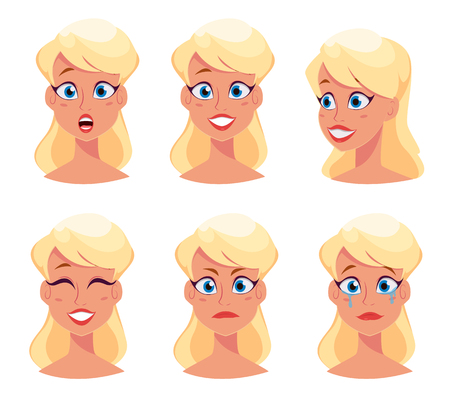 Young pretty woman, cute girl with different face expressions. Cartoon beautiful character. Avatar business woman. Vector illustration.のイラスト素材