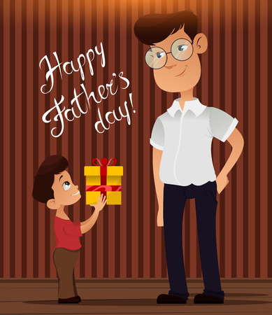 Happy Fathers Day greeting card. Son giving present to his father on holiday. Cute cartoon characters. Vector illustration on striped background.のイラスト素材