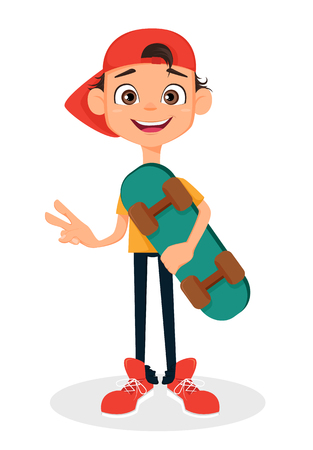Cool boy in cap holding skateboard. Cute cartoon character. Vector illustration.のイラスト素材