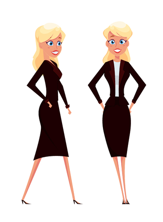 Cartoon businesswoman. Standing and walking blonde fashionable modern lady. Vector illustration. EPS10のイラスト素材