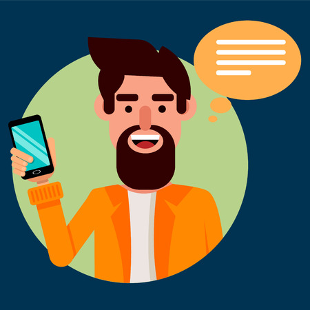 Bearded man with smartphone. Hipster guy communicating with his friends via modern phone. Vector illustration on dark blue background. Front viewのイラスト素材