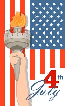 Statue of Liberty hand with torch and flag on background. July 4th. Independence Day. Vector patriotic greeting card for USA holidays.のイラスト素材