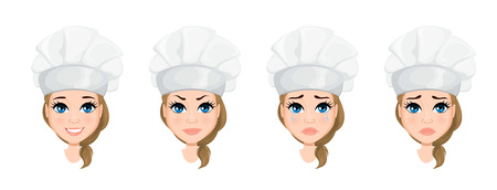 Chef woman face with various emotions. Set. Cute cartoon character cook. Vector illustration. EPS10のイラスト素材