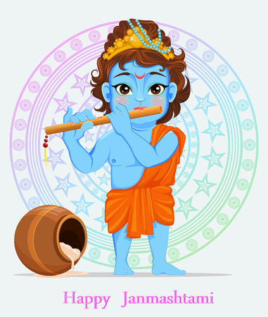 Happy Janmashtami. Celebrating birth of Krishna. Boy with flute. Traditional Indian fest. Vector illustration on abstract backgroundのイラスト素材
