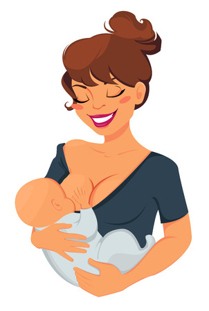 Woman breastfeeding newborn baby. Mother holding her child and smiling. Vector illustration.のイラスト素材