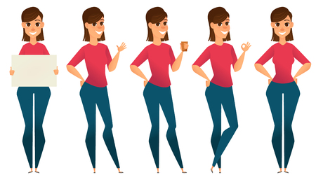 Stylized character set. Smiling business woman holding blank sign, making greeting gesture, holding coffee, showing ok sign and standing with hands on hips. Businesswoman cartoon character. Vectorのイラスト素材