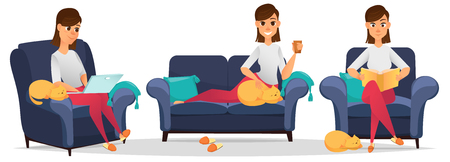 Stylized character. Woman at home. Set. Reading book, lying on sofa and working on laptop in armchair. Freelancer. Cartoon character. Vector illustrationのイラスト素材