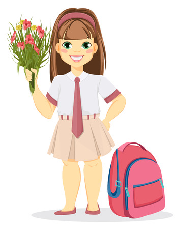 Schoolgirl with backpack and bouquet of flowers. Coming back to school. Cute smiling girl. Cartoon character. Vector illustration.のイラスト素材