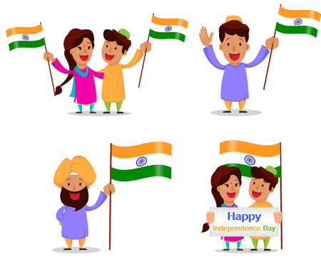 Independence Day in India. Greeting card with funny cartoon characters. Indian people with national flag. Vector illustrationのイラスト素材