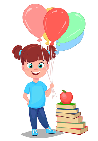Back to school. Cute girl in casual clothes with helium balloons standing near stack of books. Pretty little schoolgirl. Cheerful cartoon character. Vector illustrationのイラスト素材