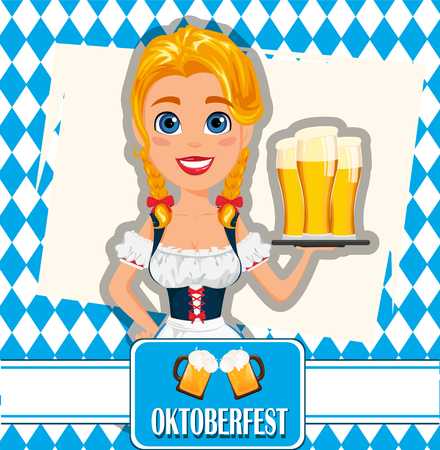 Oktoberfest vector illustration on abstract background. Sexy redhead girl standing with beer. Can be used for poster, invitation, banner. のイラスト素材