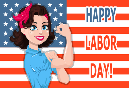 Labor day poster. Pop art strong woman with USA flag on background. Symbol of american female power. Vector illustration for holiday.のイラスト素材