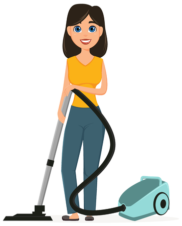 Housewife vacuuming home with a vacuum cleaner. Pretty woman doing domestic work. Cartoon character. Vector illustrationのイラスト素材