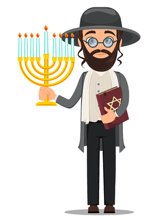 Rosh Hashanah. Jew man in traditional clothes holding bible and menorah. Cartoon character in glasses. Vector illustration.のイラスト素材