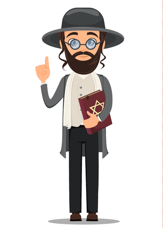 Rosh Hashanah. Jew man in traditional clothes holding bible. Cartoon character in glasses. Vector illustration.のイラスト素材