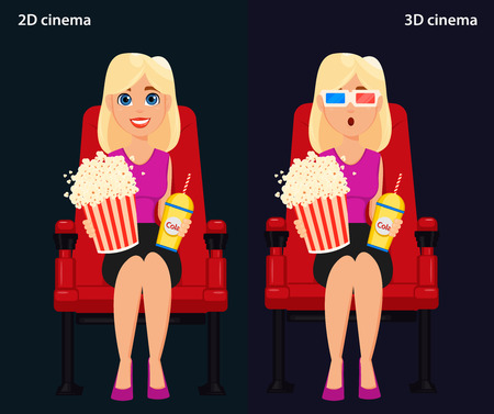 Woman sitting in the cinema and watching a movie, 2D and 3D cinema. Colorful vector illustration, flat styleのイラスト素材