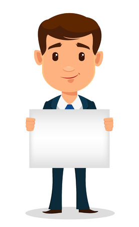 Business man cartoon character in smart clothes, office style. Young handsome businessman in suit holding blank placard. Set. Vector illustration.のイラスト素材