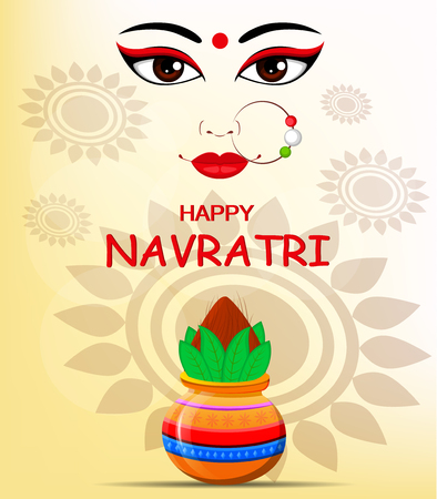 Happy Navratri vector illustration. Contour of Maa Durga Face and pot with coconut on abstract background for Hindu Festival.のイラスト素材