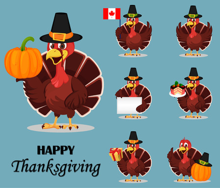 Thanksgiving turkey bird wearing a Pilgrim hat. Set of seven vector illustrations with funny cartoon character for holiday.のイラスト素材