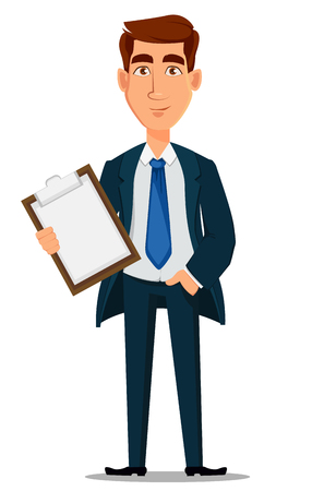 Business man in formal suit holding clipboard, cartoon character. Young handsome smiling businessman in office style clothes. Vector illustrationのイラスト素材