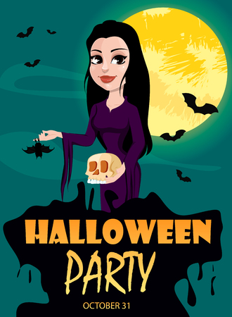 Happy Halloween party invitation. Beautiful lady in gothic style wearing black long dress. Cartoon character for design of posters, banners, placards on October 31. Vector stockのイラスト素材