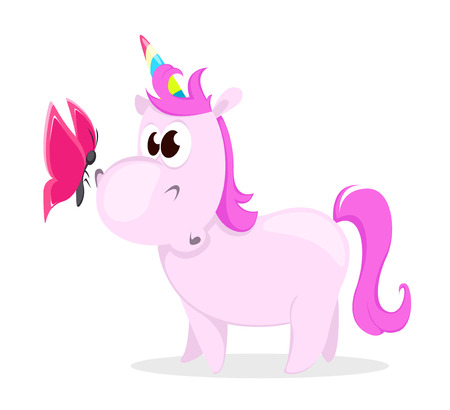 Funny pink unicorn with butterfly. Cute magic fantasy animal with rainbow horn isolated on white background. Vector illustrationのイラスト素材
