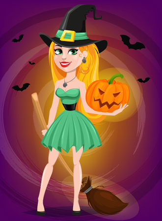 Halloween greeting card. Beautiful lady witch wearing pilgrim hat and holding broom and pumpkin. Cartoon character on beautiful background with bats. Vector stockのイラスト素材