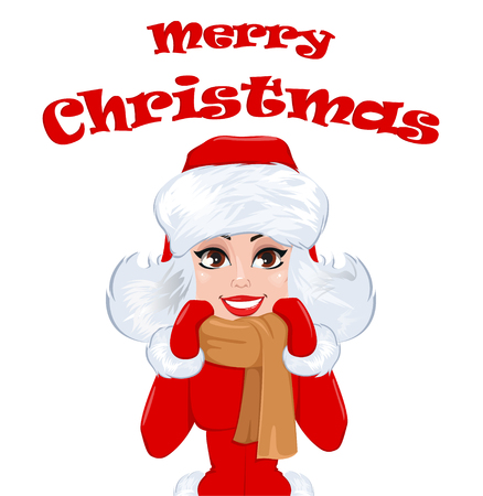 Merry Christmas greeting card with beautiful woman in winter clothes. Happy smiling cartoon character. Vector illustrationのイラスト素材