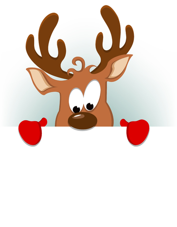 Merry Christmas greeting card with funny reindeer hiding behind blank placard. Vector illustration on white backgroundのイラスト素材