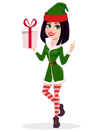 Merry Christmas. Elf woman holding gift box. Happy smiling cartoon character. Vector illustration on white backgroundのイラスト素材