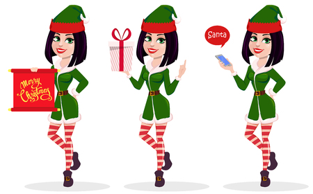 Merry Christmas and Happy New Year. Elf woman, set of three poses. Happy smiling cartoon character. Vector illustration on white backgroundのイラスト素材
